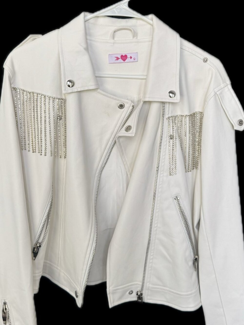 NEW - NEVER WORN BUDDY LOVE SIZE LARGE WHITE FAUX LEATHER & RHINESTONE JACKET